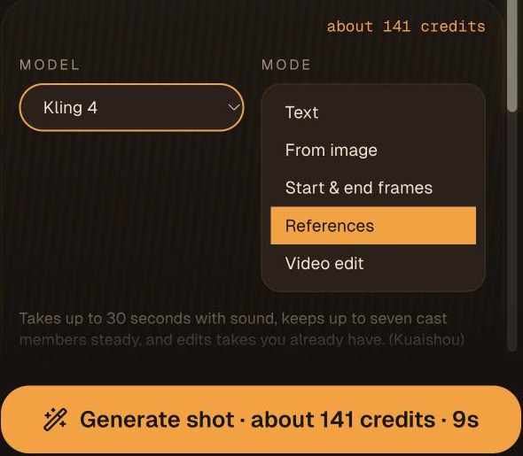 Frameliq Composer with Kling 4 selected and its five modes listed: Text, From image, Start and end frames, References, Video edit